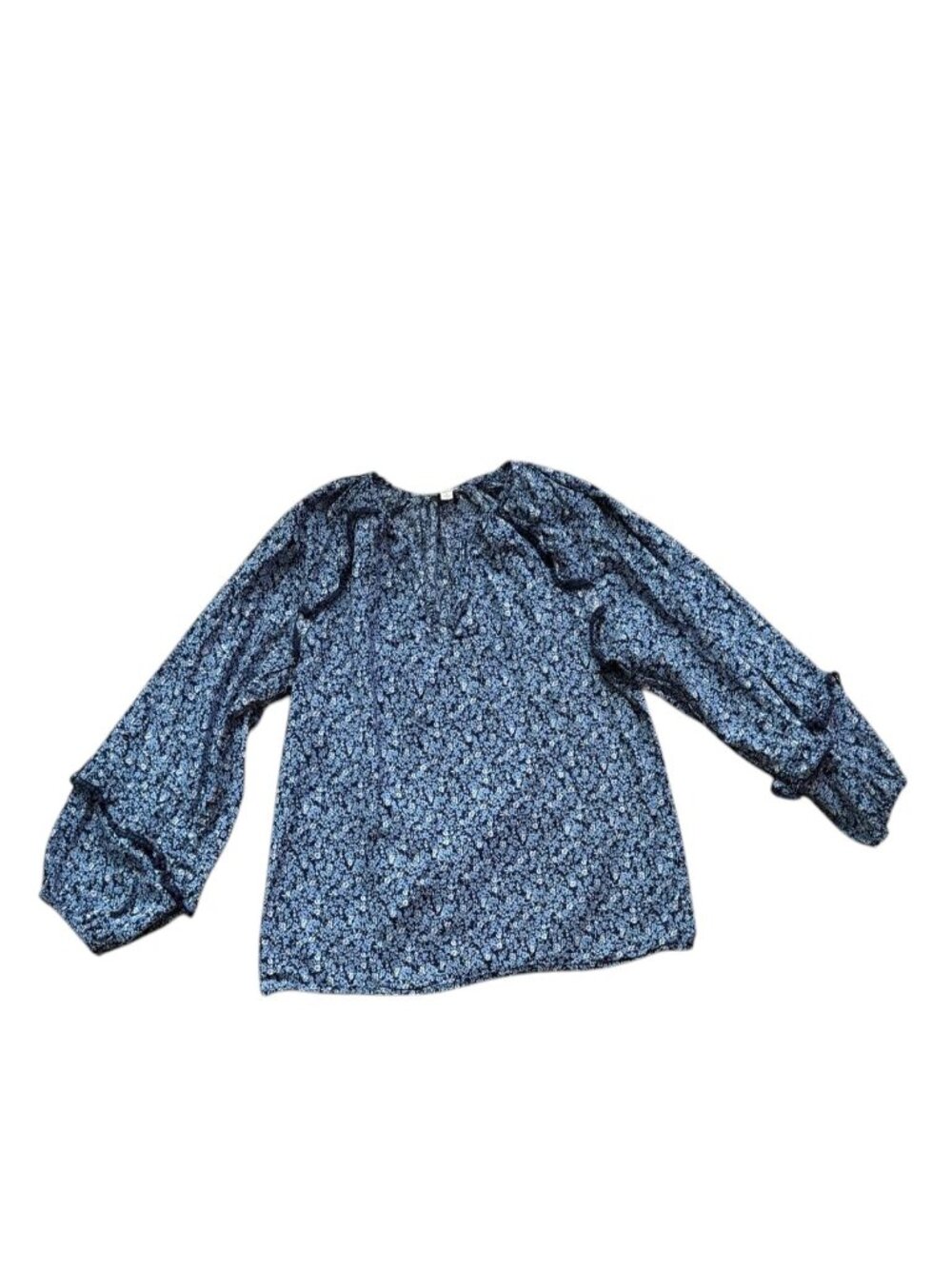 J. Crew Women's Floral Ruffle Neck Blouse Blue Long Sleeve Top Size L.